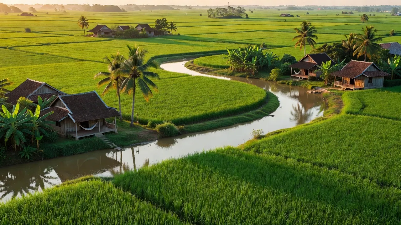 Cảnh đẹp xã Hội An Đông, huyện Lấp Vò, Đồng Tháp với cánh đồng và dòng sông yên ả.
