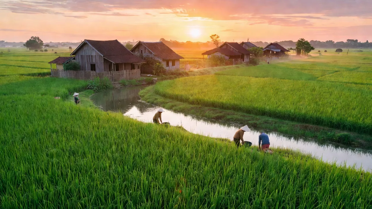 Cảnh sắc Hội An Đông, Lấp Vò, Đồng Tháp với ruộng xanh và nhà truyền thống bên dòng sông.