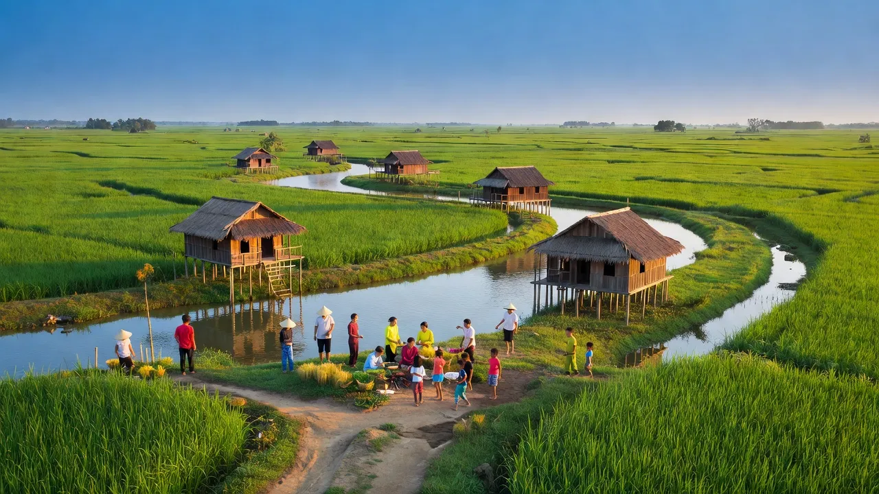Cảnh đồng quê tại xã Long Hưng A, huyện Lấp Vò, tỉnh Đồng Tháp với ruộng xanh và sông nước.