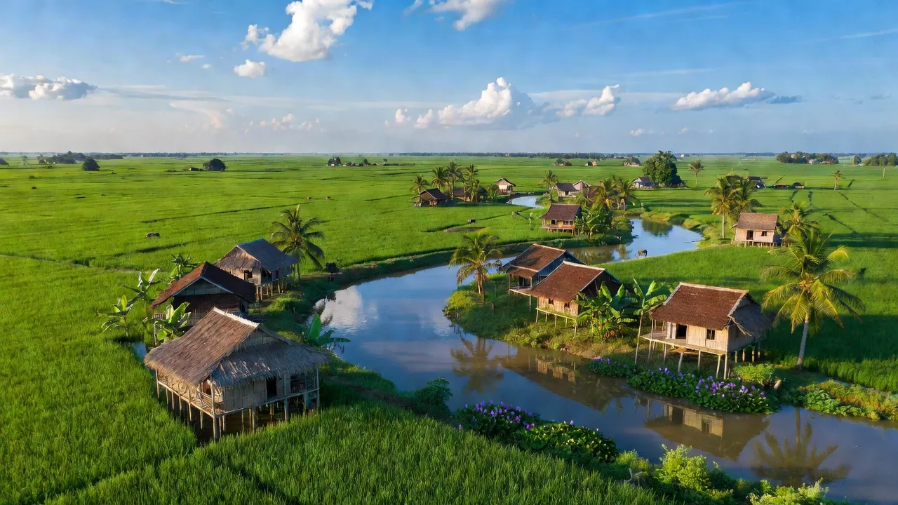 Khung cảnh yên bình ở xã Long Hưng A, huyện Lấp Vò, tỉnh Đồng Tháp với cánh đồng xanh và sông.