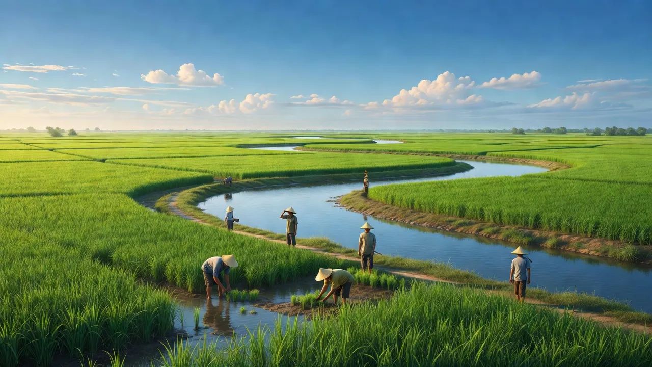 Phong cảnh Xã Long Hưng B, Huyện Lấp Vò với cánh đồng xanh tươi và dòng sông quanh co.