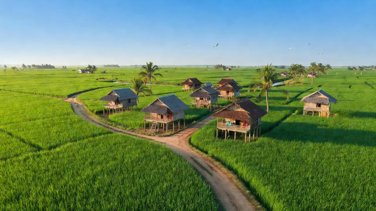 Cảnh quan xã Mỹ An Hưng A, Lấp Vò, Đồng Tháp với cánh đồng xanh và bầu trời trong sáng.