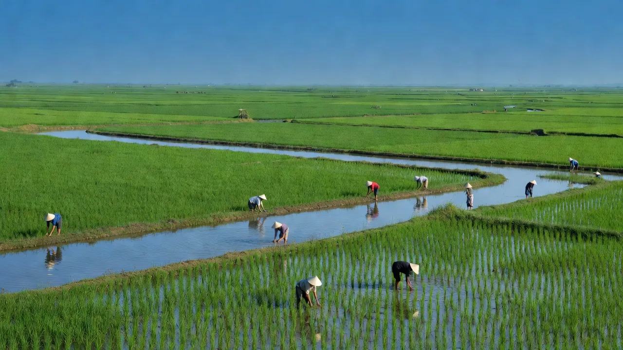 Khung cảnh yên bình xã Mỹ An Hưng A, huyện Lấp Vò, Đồng Tháp với cánh đồng xanh và người nông dân.
