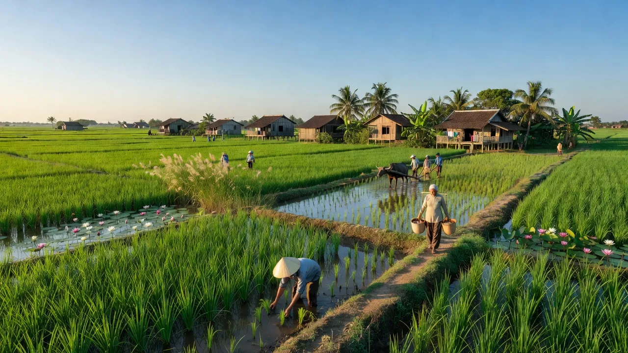 Cảnh đồng quê xã Mỹ An Hưng B, huyện Lấp Vò, tỉnh Đồng Tháp với cánh đồng lúa xanh tươi.