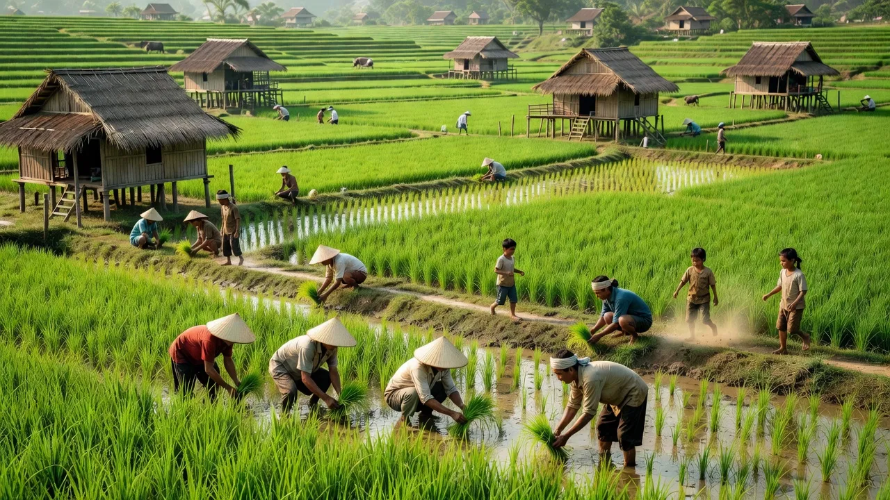 Cảnh đồng quê xã Tân Khánh Trung, huyện Lấp Vò, tỉnh Đồng Tháp với cánh đồng xanh tươi và cuộc sống nông thôn.