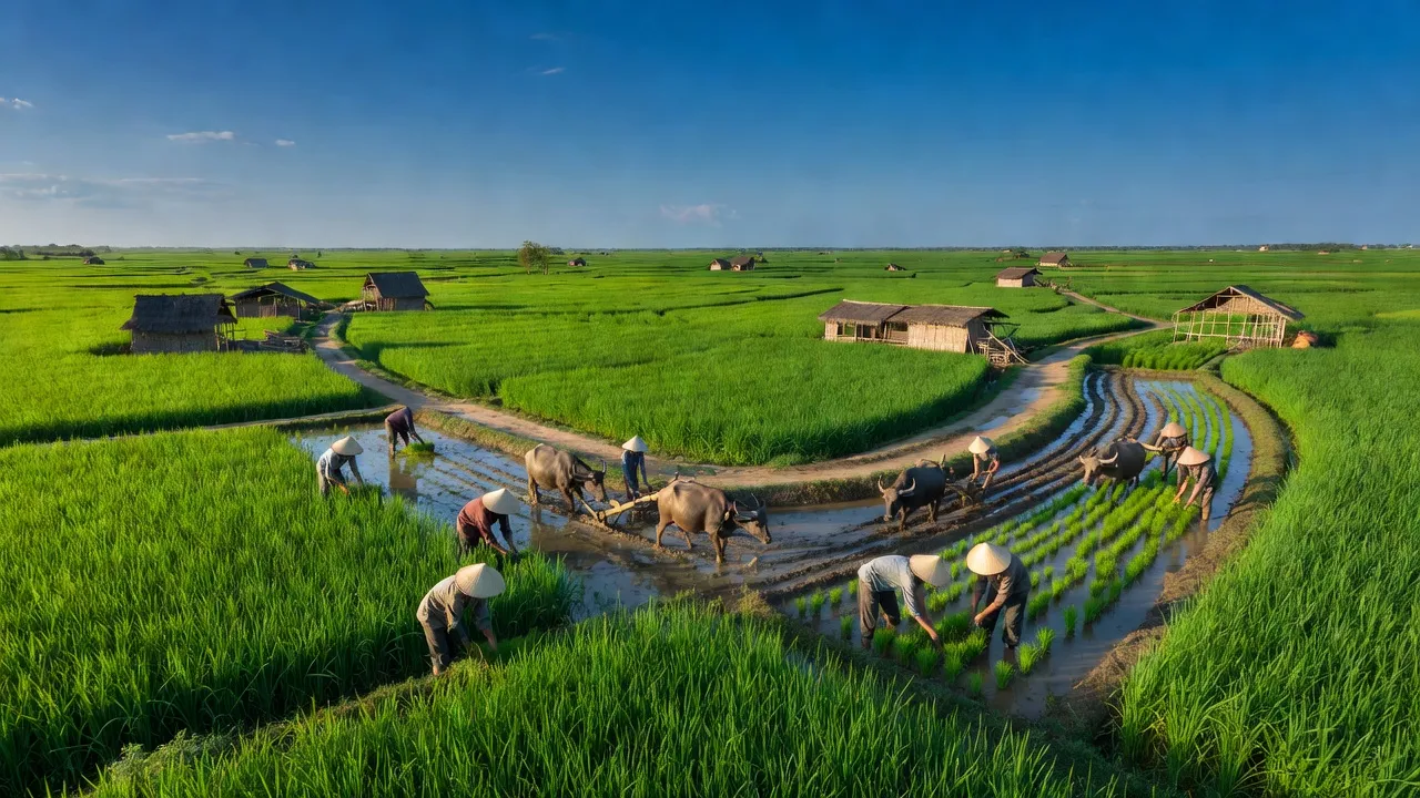 Cảnh đẹp xã Tân Mỹ, huyện Lấp Vò, Đồng Tháp với cánh đồng xanh tươi và bầu trời trong xanh.