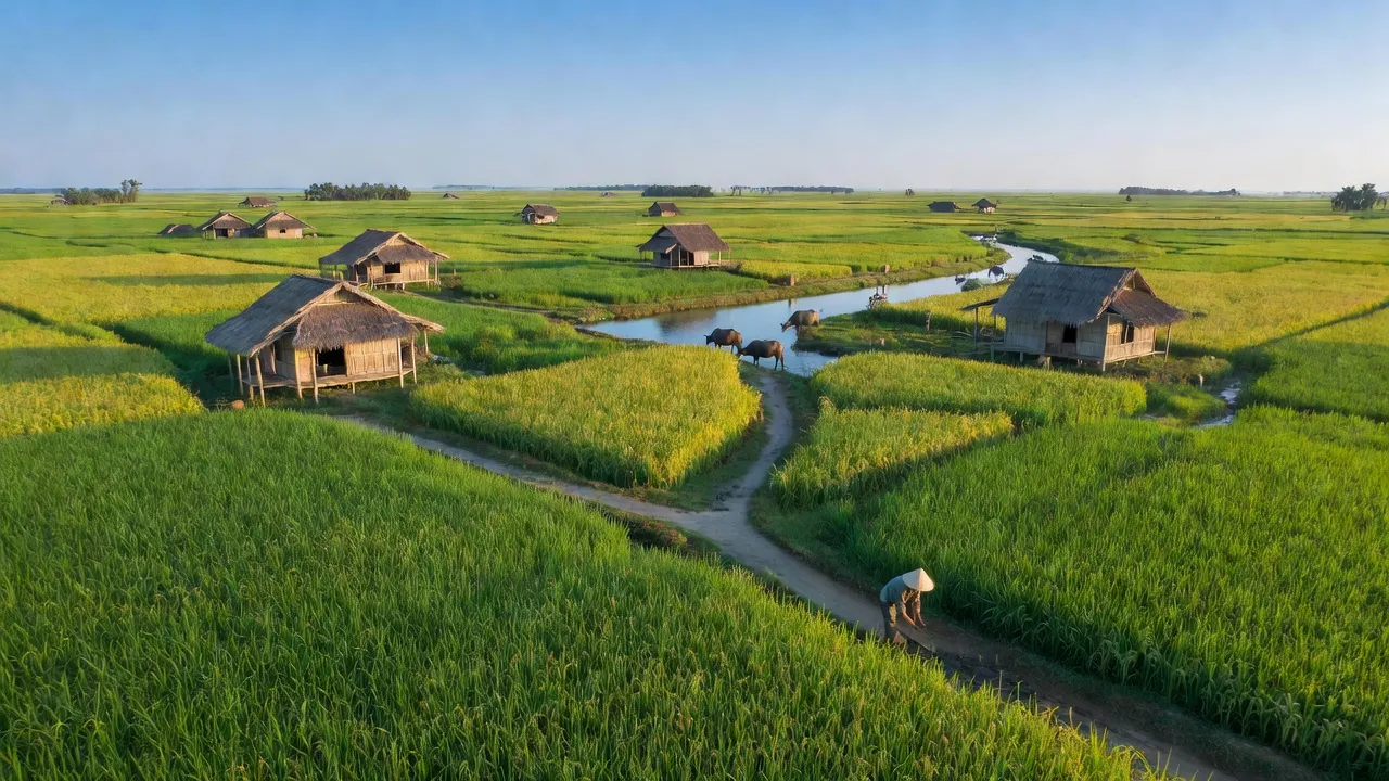 Cảnh đồng xanh Vĩnh Thạnh, Lấp Vò, Đồng Tháp, thể hiện cuộc sống nông thôn và nông nghiệp.