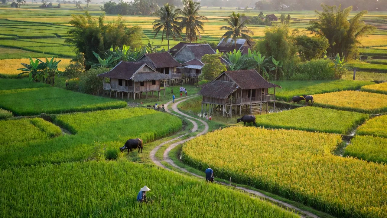 Khung cảnh nông thôn xã Vĩnh Thạnh, huyện Lấp Vò, tỉnh Đồng Tháp với cánh đồng và nhà truyền thống.
