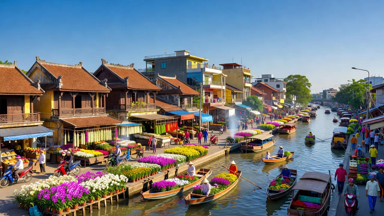 Cảnh quan thành phố Sa Đéc, Đồng Tháp với chợ hoa và kiến trúc truyền thống, phố phường nhộn nhịp.