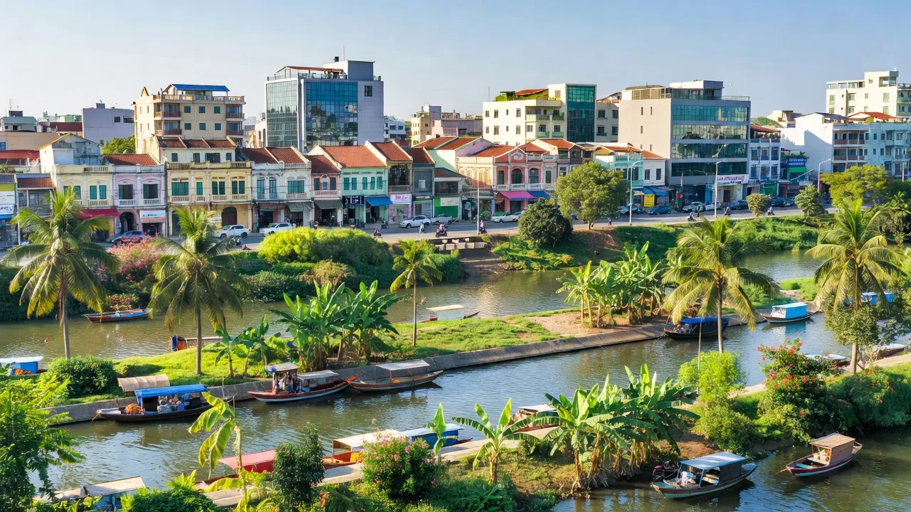 Khung cảnh thành phố Sa Đéc, Đồng Tháp, với sông rạch, cây xanh, và kiến trúc đô thị hiện đại.