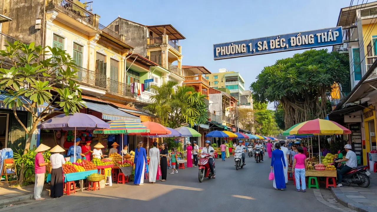 Phường 1, Thành phố Sa Đéc, tỉnh Đồng Tháp với kiến trúc địa phương và không gian sống động.