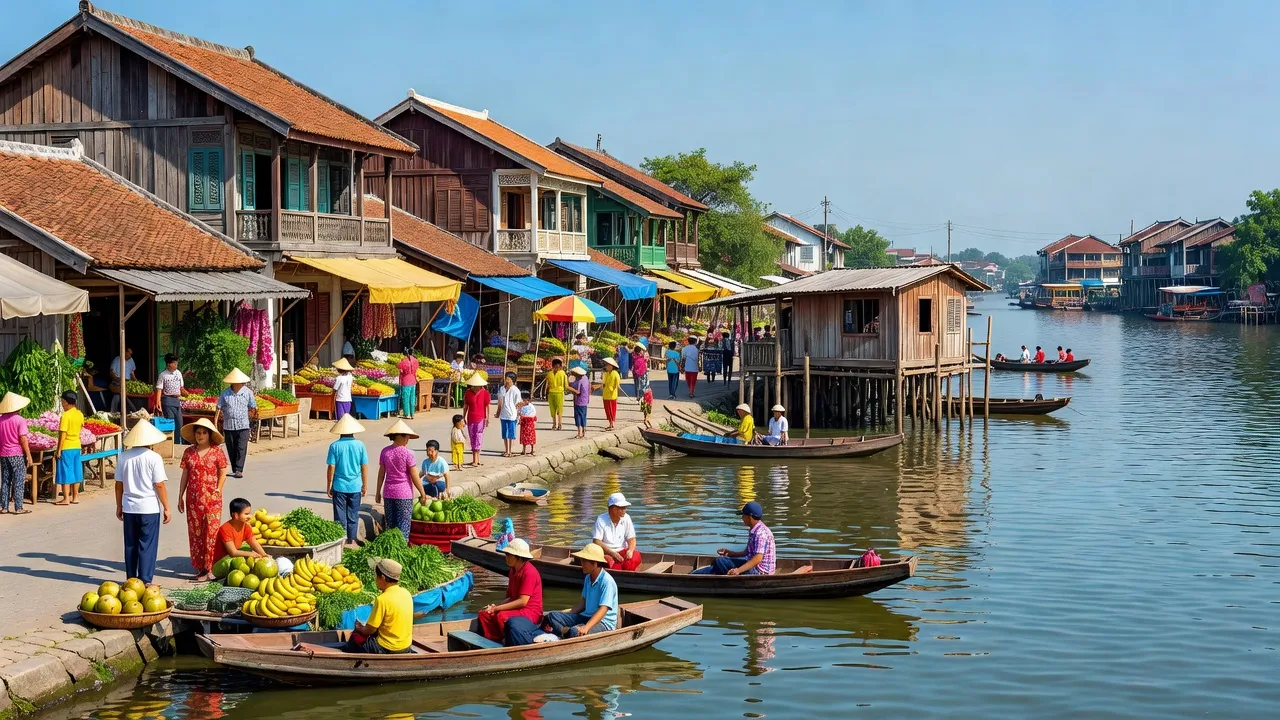 Phường 4, Sa Đéc, Đồng Tháp với cuộc sống sôi động bên sông và nhà cửa cổ kính.