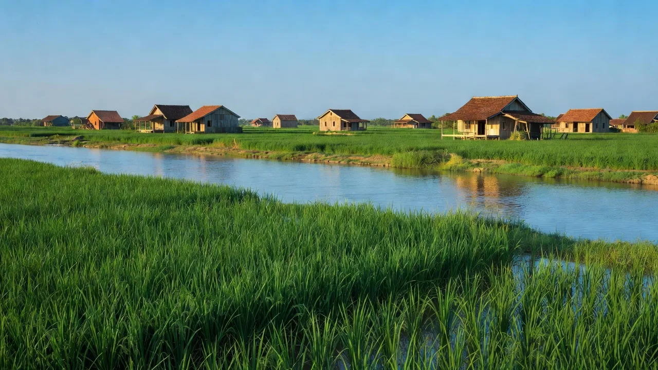 Cảnh sắc bình yên xã Tân Khánh Đông, thành phố Sa Đéc, Đồng Tháp với cánh đồng xanh và sông Tiền.