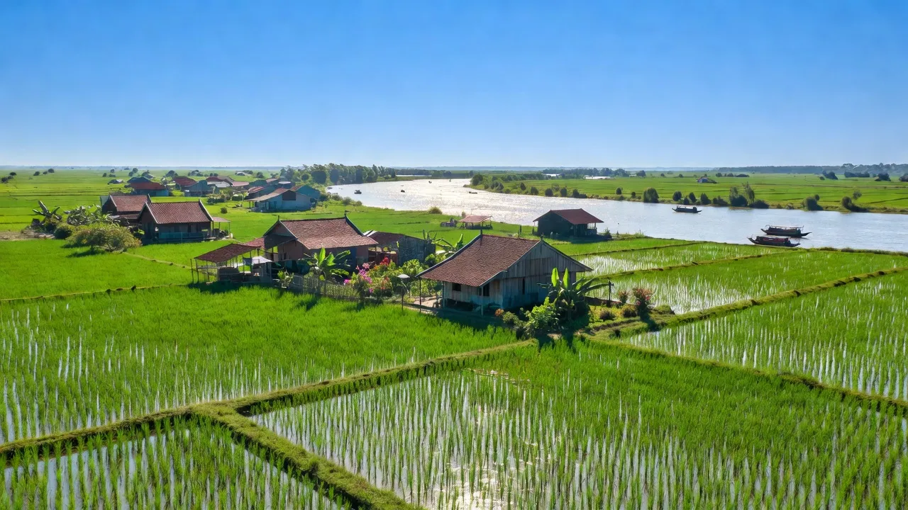 Khung cảnh xã Tân Khánh Đông, Sa Đéc, Đồng Tháp với ruộng lúa và sông Tiền.