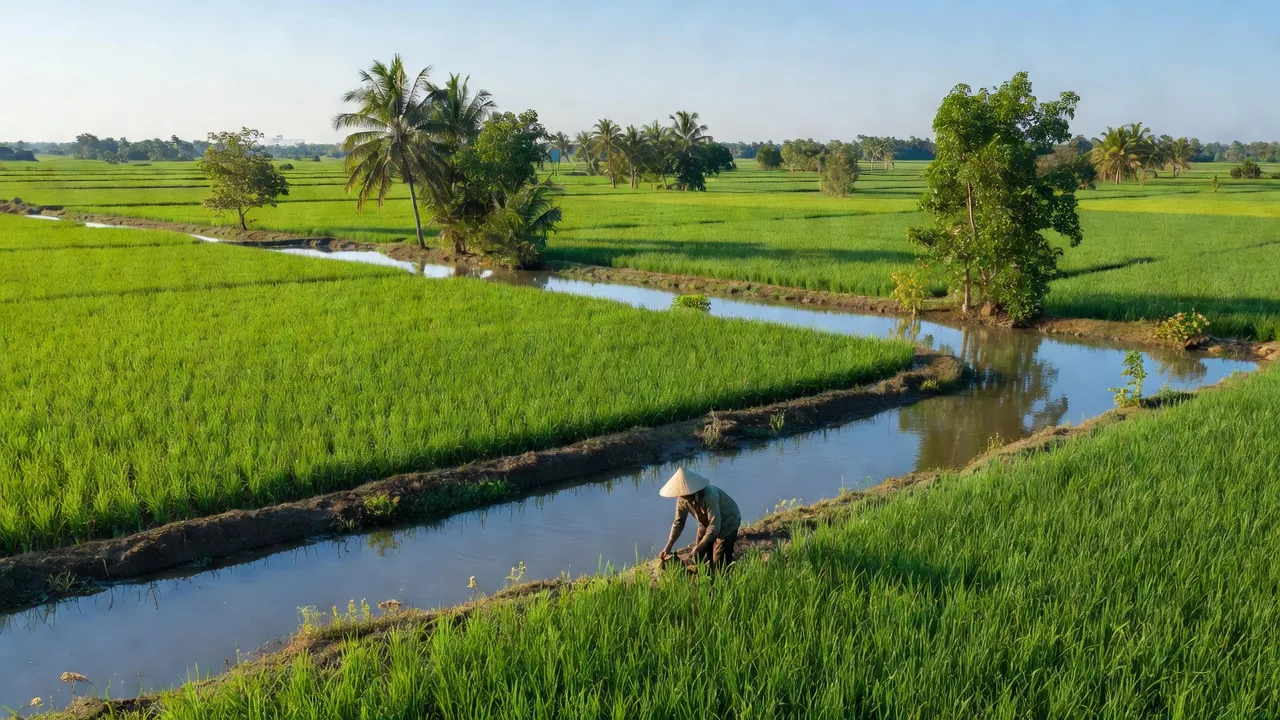 Cảnh sắc yên bình ở xã Tân Phú Đông, Sa Đéc, Đồng Tháp với ruộng đồng và kênh rạch.