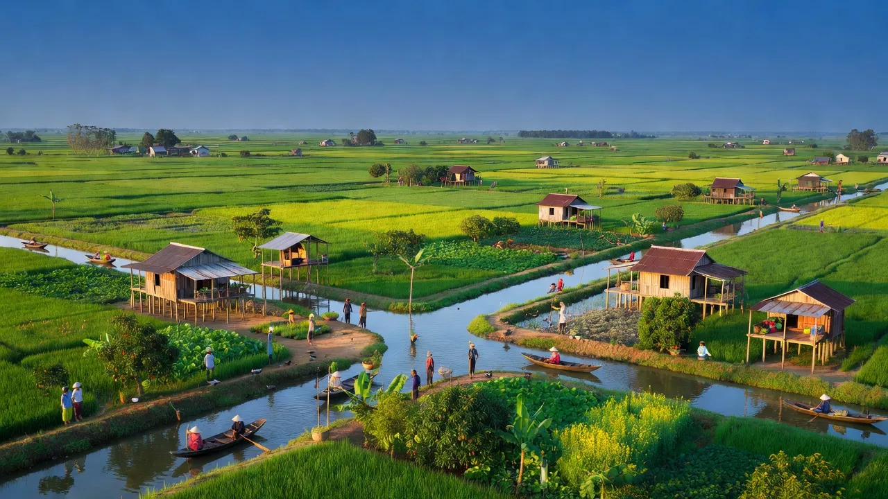 Khung cảnh nông nghiệp tươi đẹp tại xã Tân Phú Đông, Thành phố Sa Đéc, Đồng Tháp, kênh rạch và bầu trời trong xanh.