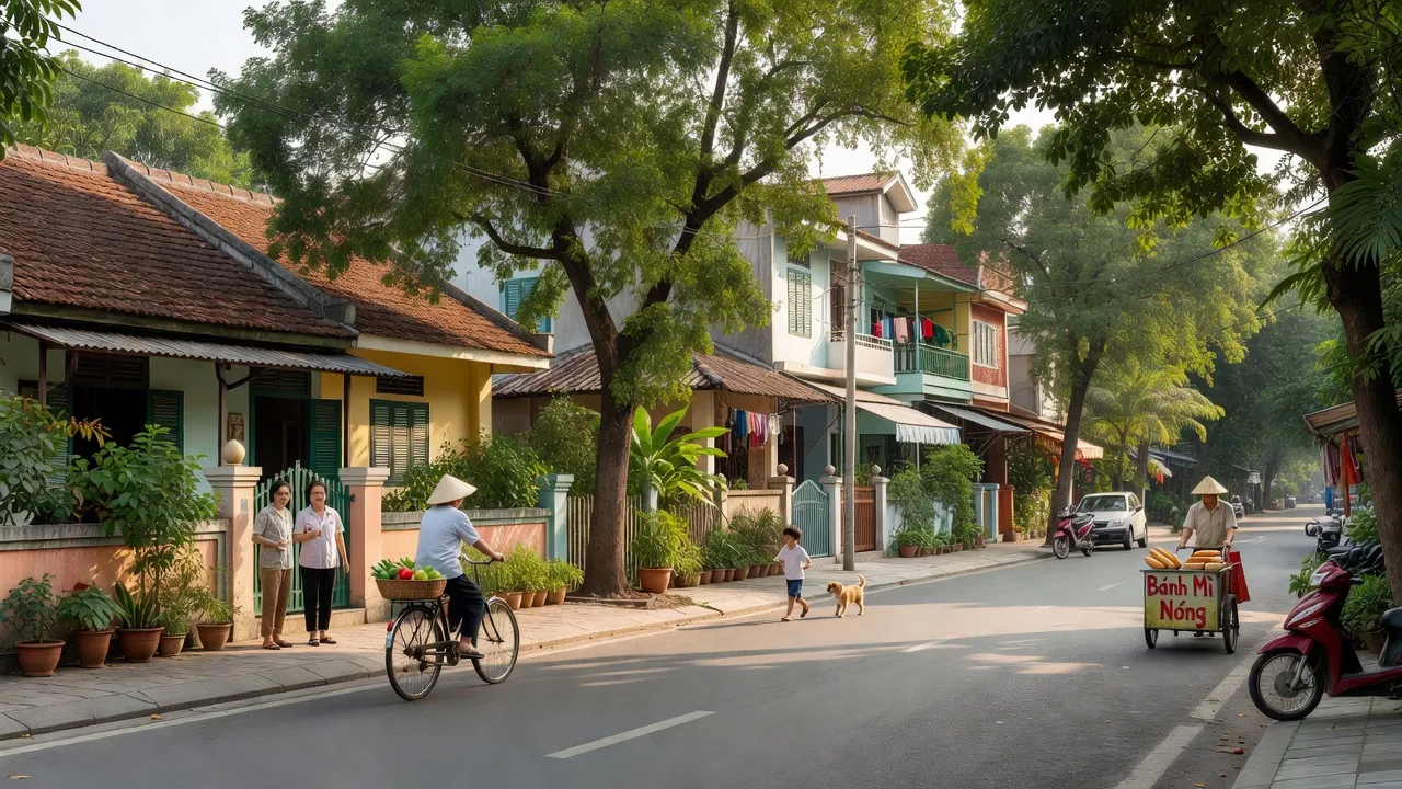 Khung cảnh phường Tân Quy Đông, Thành phố Sa Đéc với cây xanh và đường phố thoáng đãng.