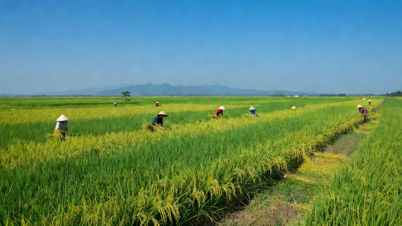 Cảnh quan cánh đồng Tân Quy Tây, Sa Đéc, Đồng Tháp với sắc xanh và bầu trời trong.