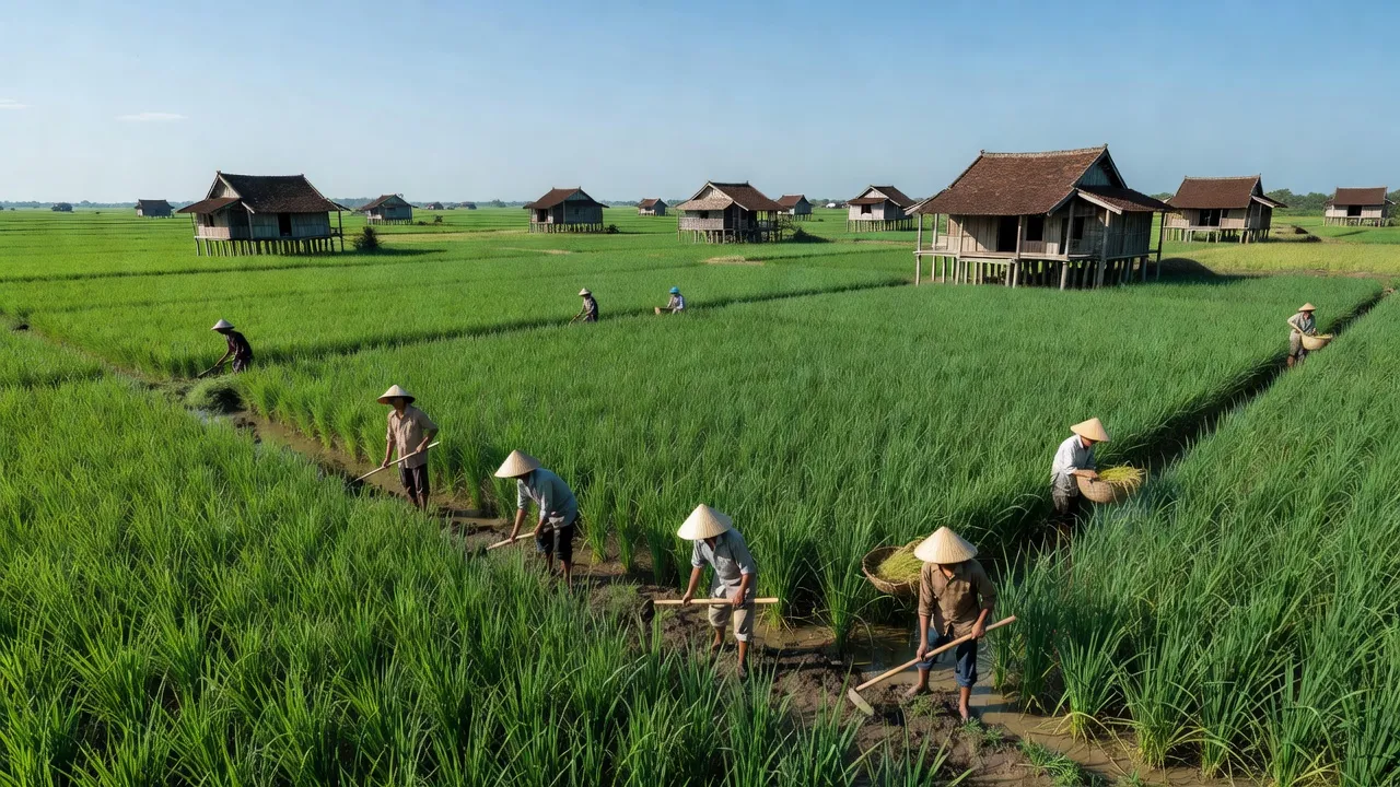 Khung cảnh xã Tân Quy Tây ở Sa Đéc, Đồng Tháp với ruộng lúa xanh và nhà truyền thống.