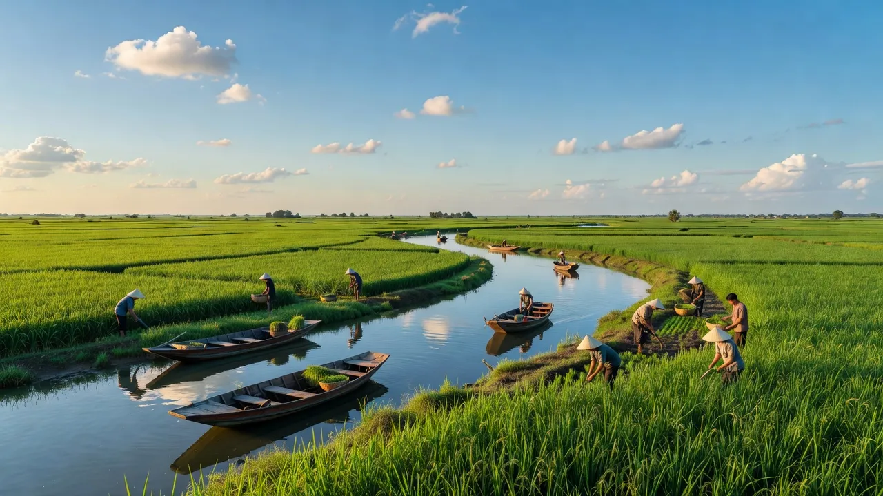 Cảnh quan huyện Tam Nông, Đồng Tháp với cánh đồng xanh mướt và người dân làm nông.