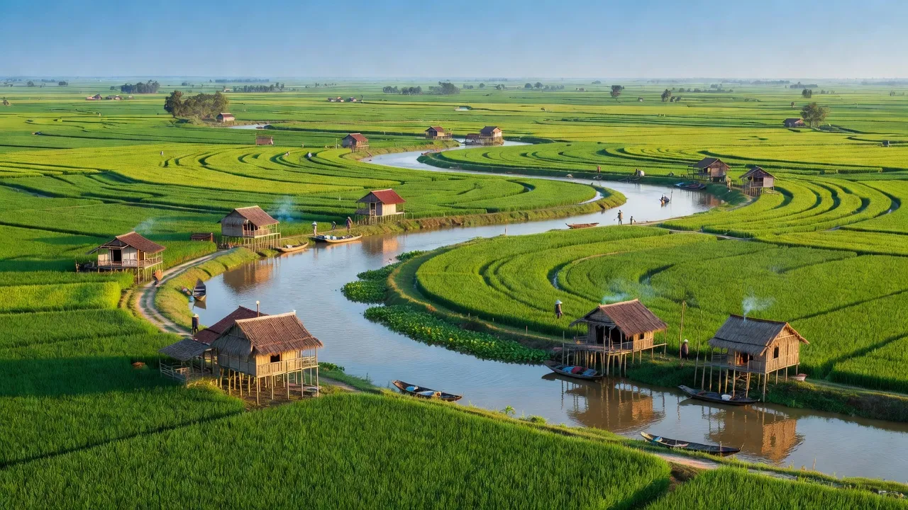 Khung cảnh huyện Tam Nông, Đồng Tháp với cánh đồng xanh và dòng sông uốn lượn, biểu trưng nông thôn miền Tây.