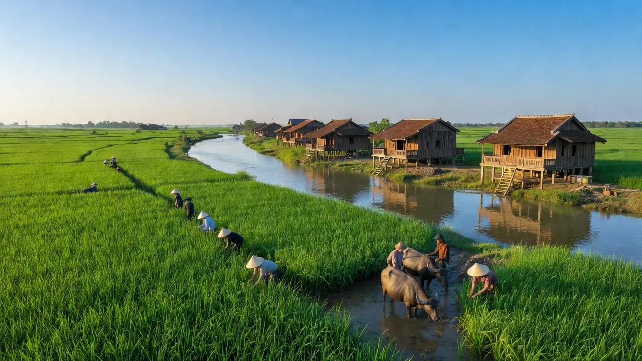 Cảnh đẹp xã An Hòa, huyện Tam Nông, tỉnh Đồng Tháp với cánh đồng xanh và sông Tiền.