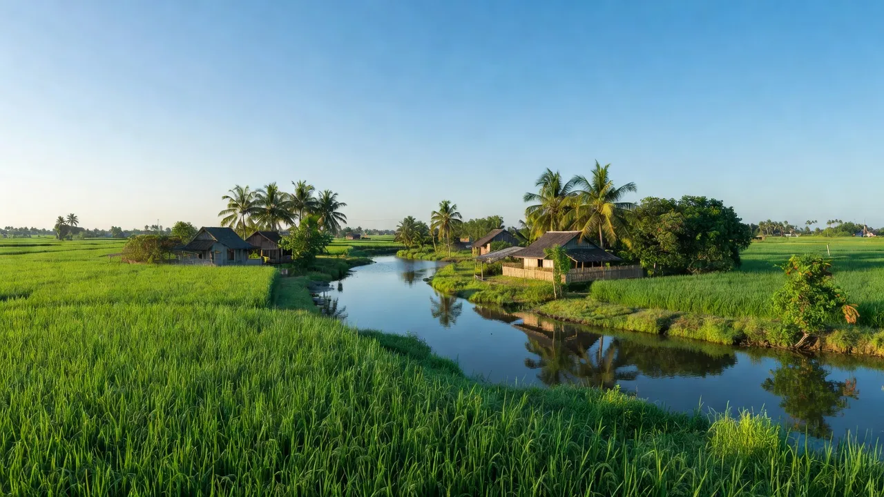 Cảnh sắc xã An Hòa, huyện Tam Nông, tỉnh Đồng Tháp với đồng xanh và sông Tiền.