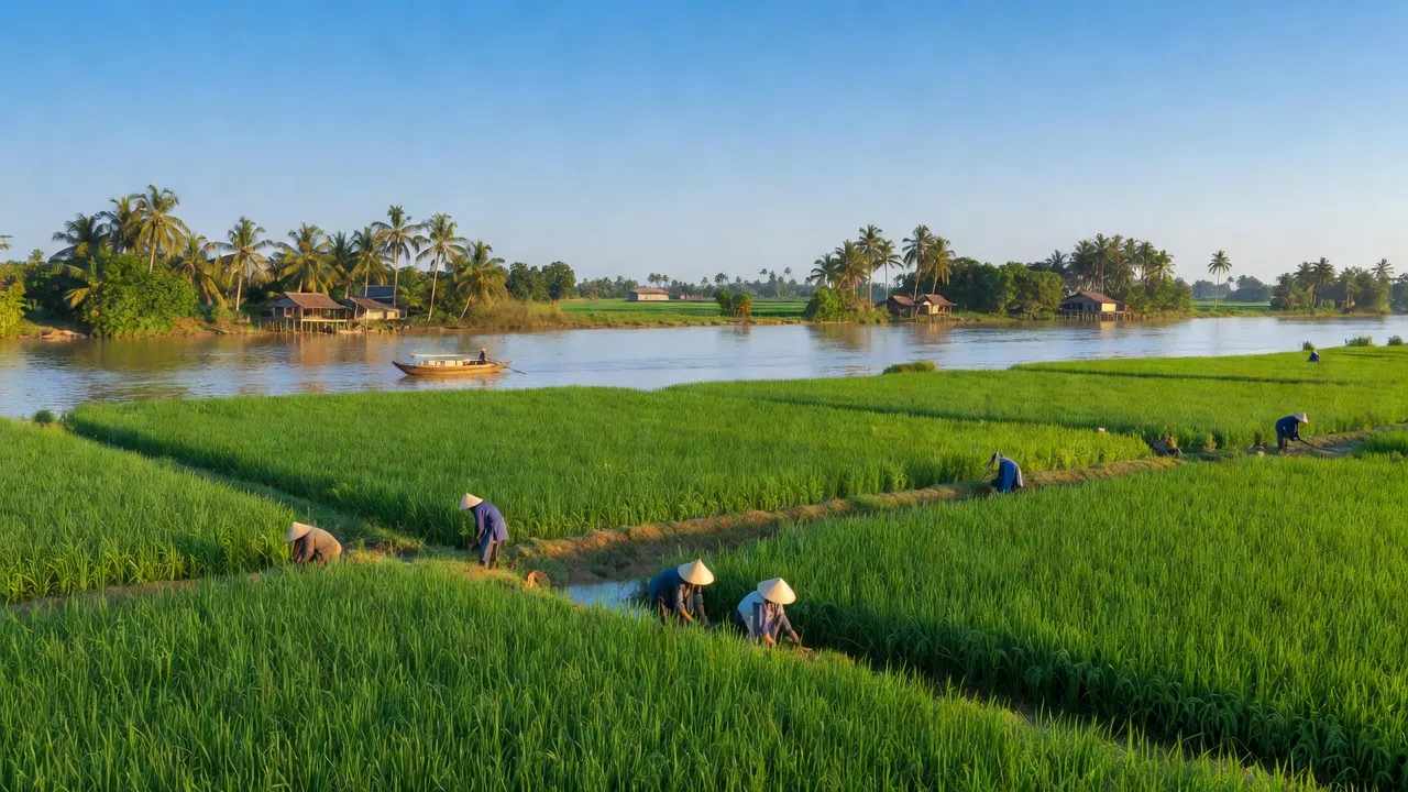 Cảnh đẹp xã An Long, huyện Tam Nông, tỉnh Đồng Tháp với ruộng lúa và sông Tiền.