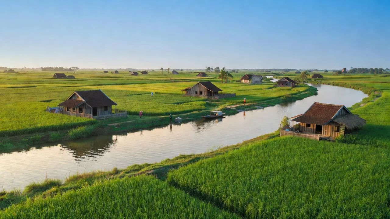 Khung cảnh xã An Long, huyện Tam Nông, tỉnh Đồng Tháp, với dòng sông Tiền và cánh đồng xanh.