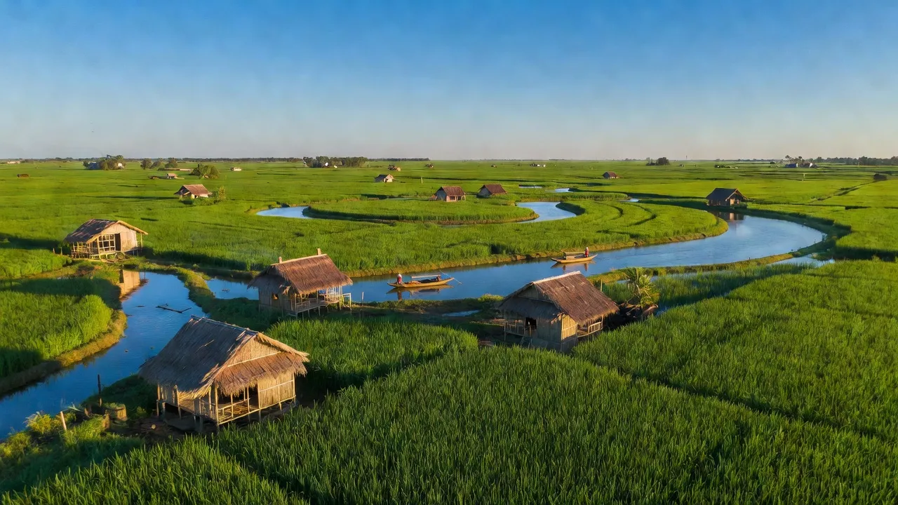 Cảnh quan nông thôn xã Hoà Bình, huyện Tam Nông, tỉnh Đồng Tháp với cánh đồng xanh tươi.