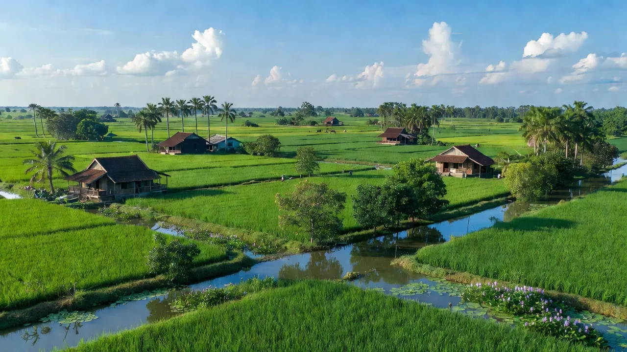 Khung cảnh yên bình xã Hoà Bình, huyện Tam Nông, tỉnh Đồng Tháp với cánh đồng xanh tươi.