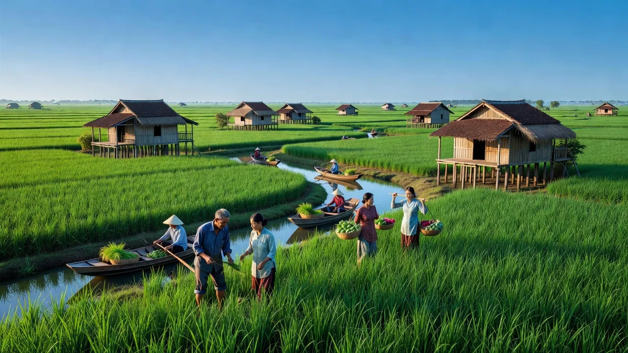 Cảnh sắc xã Phú Cường, huyện Tam Nông, Đồng Tháp với ruộng lúa xanh và nhà cổ truyền.
