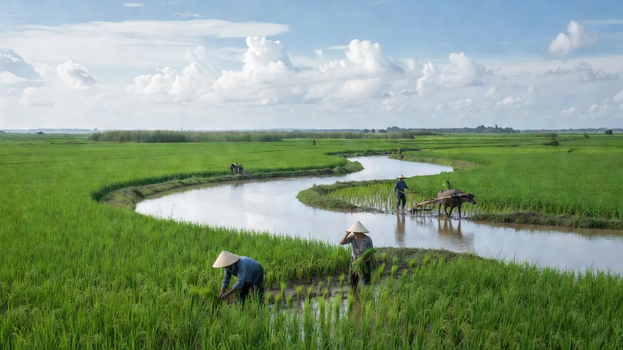 Cảnh đồng xanh và dòng sông yên bình ở Xã Phú Đức, huyện Tam Nông, Đồng Tháp, với nông dân làm việc.