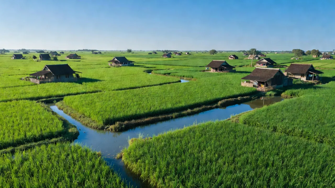 Khung cảnh Xã Phú Đức, huyện Tam Nông, tỉnh Đồng Tháp với cánh đồng xanh và nhà truyền thống.