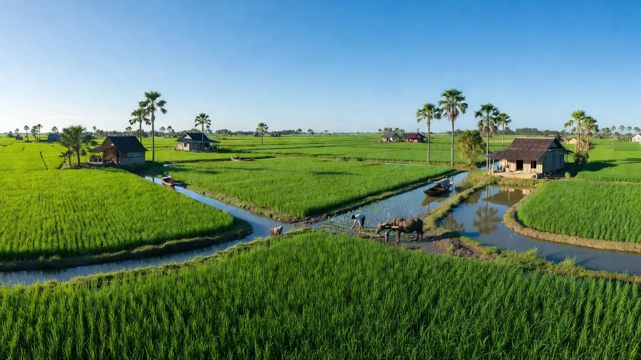 Cảnh đẹp xã Phú Hiệp, huyện Tam Nông, Đồng Tháp với đồng ruộng xanh và kênh rạch.