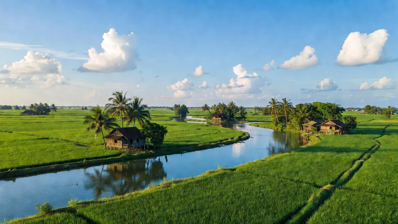 Cảnh quan xanh tươi của xã Phú Hiệp, huyện Tam Nông, tỉnh Đồng Tháp với cánh đồng lúa và kênh rạch.