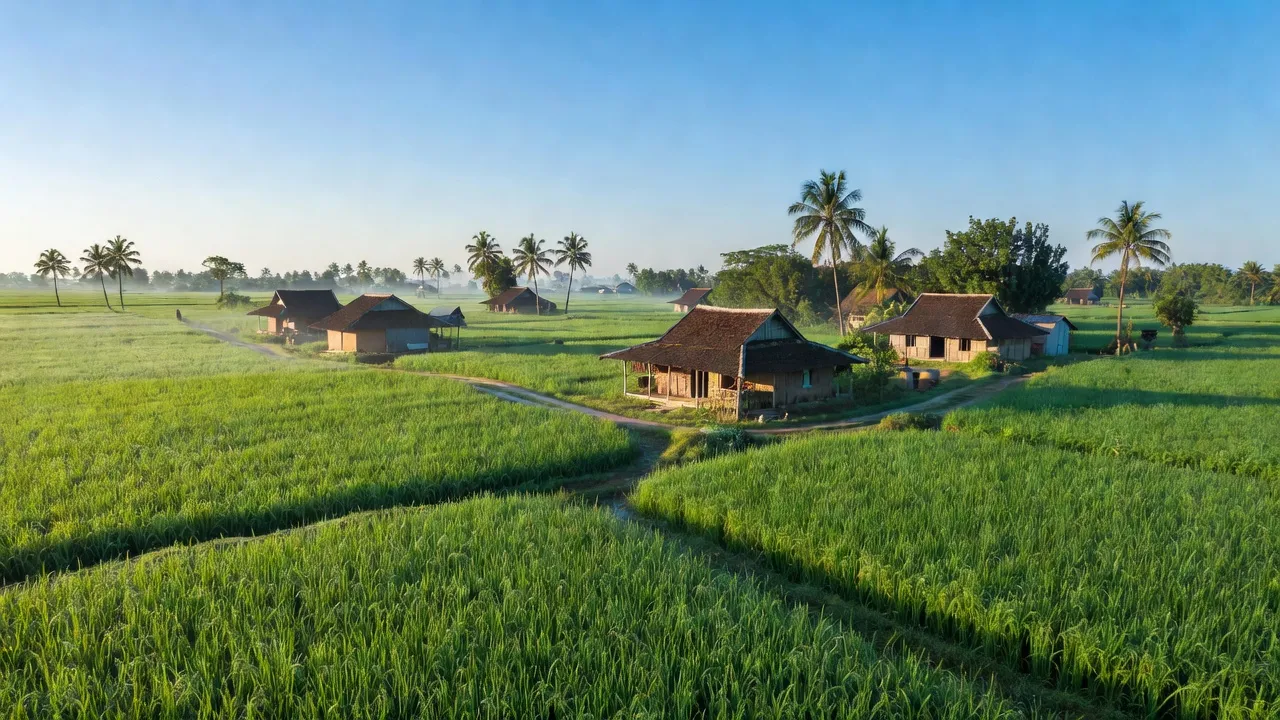 Cánh đồng lúa xanh mướt và nhà truyền thống ở Xã Phú Ninh, Huyện Tam Nông, Đồng Tháp.