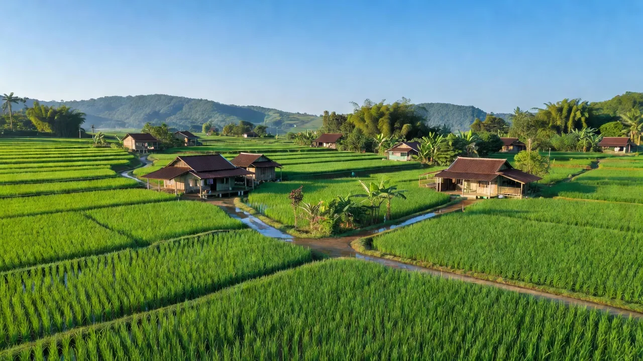 Cảnh sắc xanh tươi xã Phú Ninh, huyện Tam Nông, tỉnh Đồng Tháp với ruộng lúa và nhà dân.