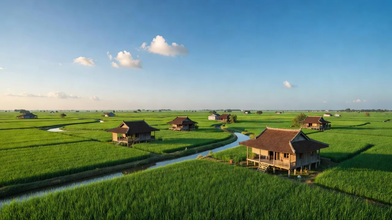 Cảnh quan xã Phú Thành A, huyện Tam Nông, Đồng Tháp với đồng ruộng và sông rạch xanh tươi.
