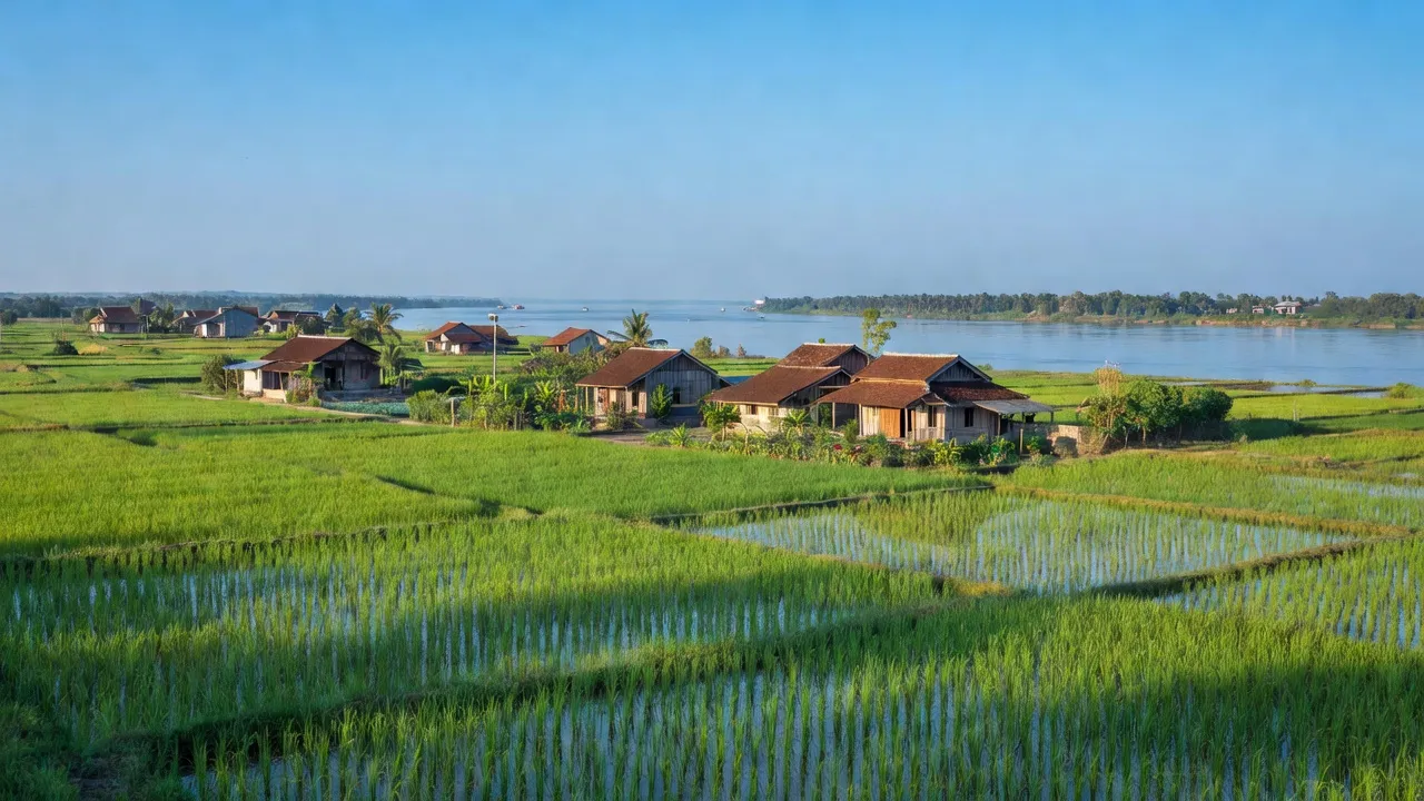 Khung cảnh xã Phú Thành B, huyện Tam Nông, Đồng Tháp với ruộng lúa xanh tươi, sông Tiền, nhà truyền thống.