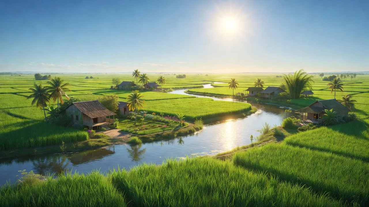 Cảnh đẹp xã Phú Thọ, huyện Tam Nông, Đồng Tháp với cánh đồng, sông và làng quê.