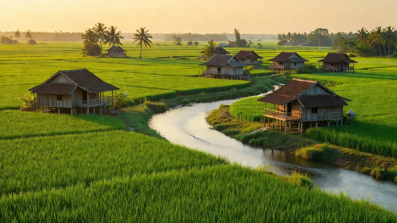 Phong cảnh xã Phú Thọ, huyện Tam Nông, Đồng Tháp với cánh đồng xanh và dòng sông yên bình.
