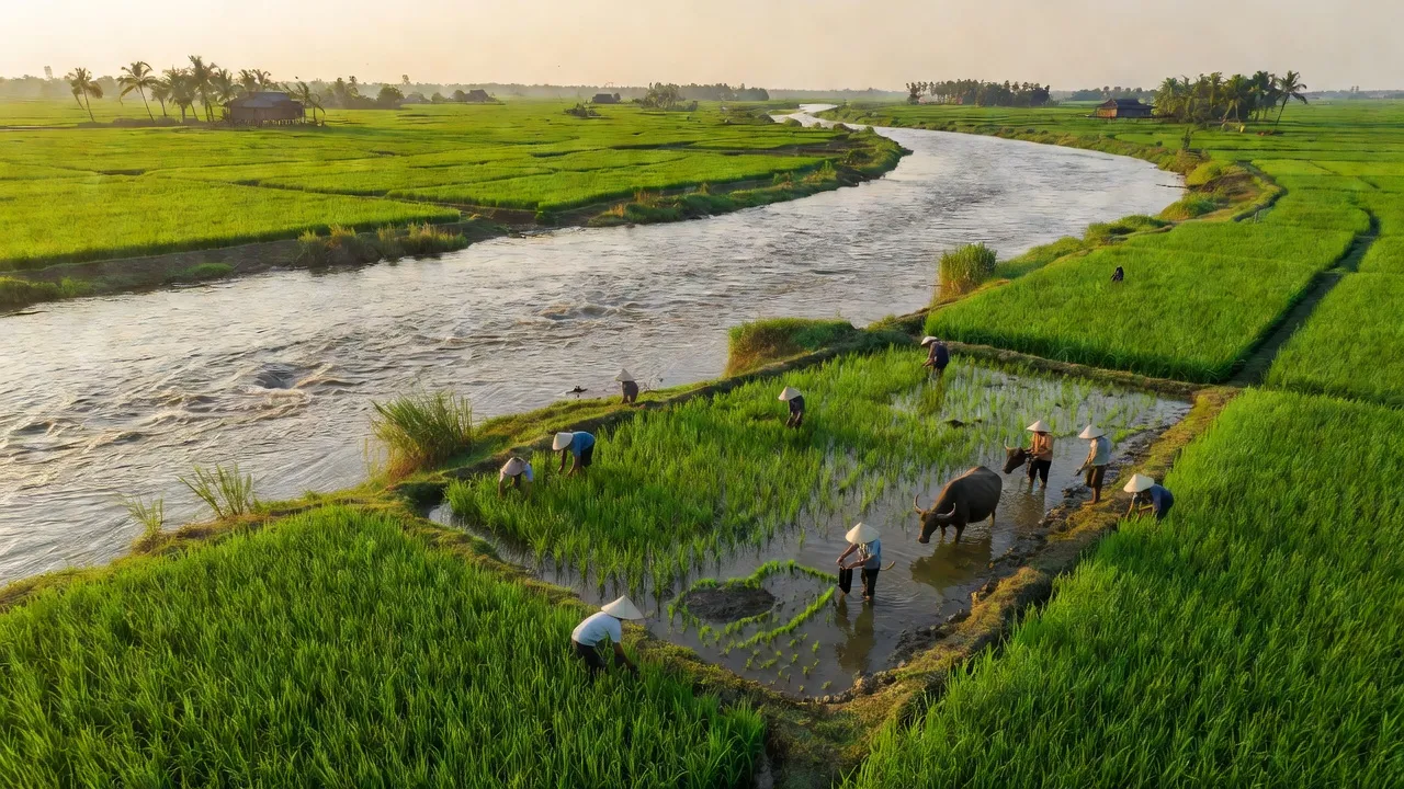 Khung cảnh yên bình của xã Tân Công Sính, huyện Tam Nông, Đồng Tháp với sông Tiền và đồng xanh.