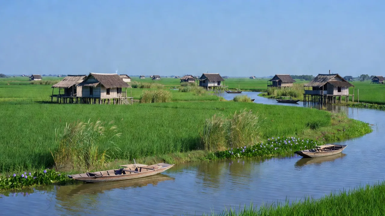 Khung cảnh yên bình thị trấn Tràm Chim, huyện Tam Nông, tỉnh Đồng Tháp với nhà truyền thống và cánh đồng xanh.