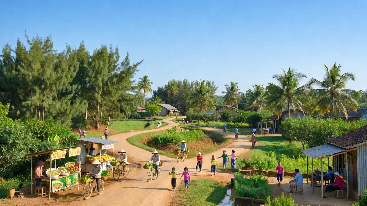 Thị trấn Tràm Chim, huyện Tam Nông, Đồng Tháp, với cảnh quan xanh tươi, thể hiện cuộc sống địa phương.