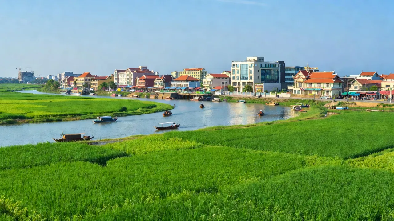 Phong cảnh huyện Tân Hồng, Đồng Tháp với cánh đồng xanh, sông nước, biểu tượng của miền Tây Việt Nam.