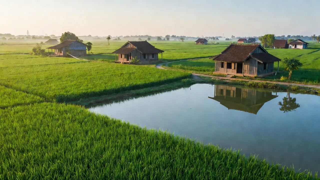 Xã An Phước, huyện Tân Hồng, Đồng Tháp với cánh đồng xanh và ánh sáng mặt trời sáng sớm.