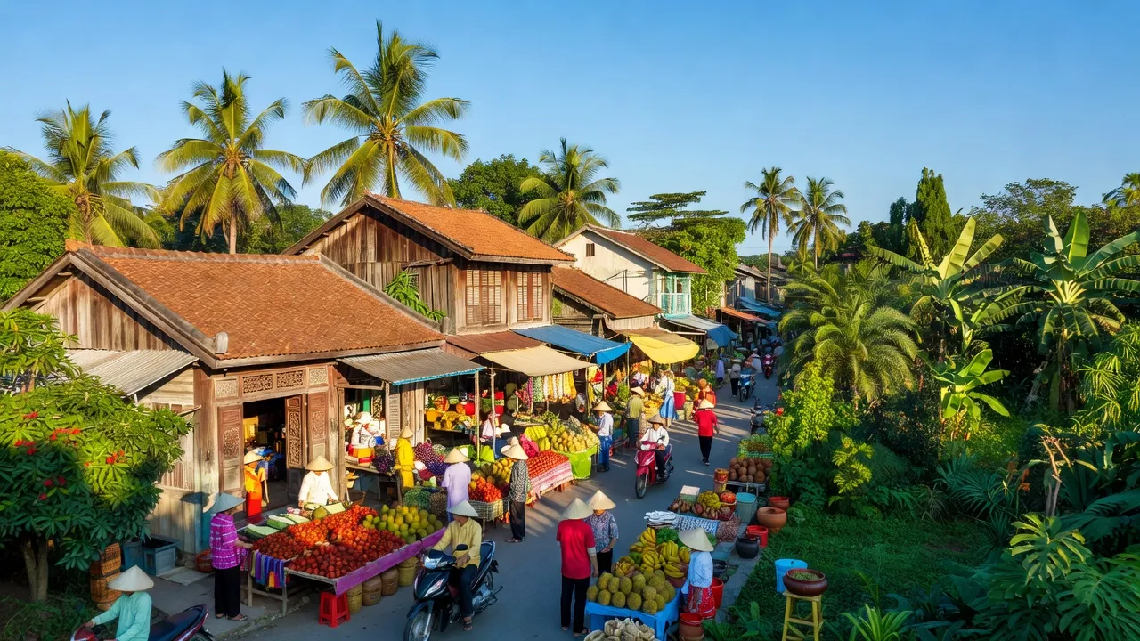 Khung cảnh thị trấn Sa Rài, huyện Tân Hồng, Đồng Tháp với chợ địa phương và kiến trúc truyền thống.