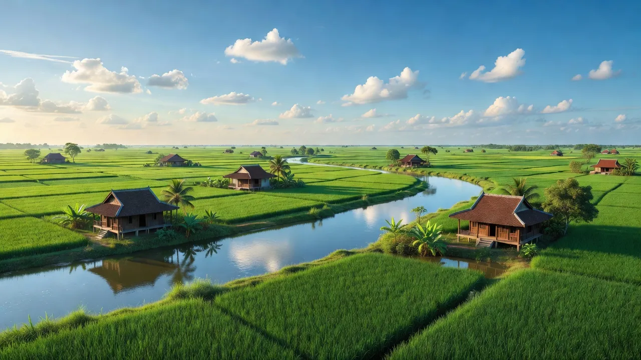 Cảnh quan xã Tân Công Chí huyện Tân Hồng, Đồng Tháp với đồng ruộng và đường sông.