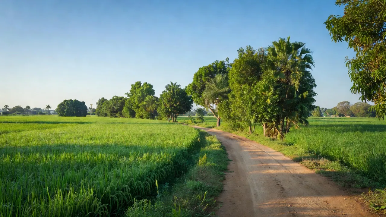 Cảnh sắc thiên nhiên xã Tân Công Chí, huyện Tân Hồng, tỉnh Đồng Tháp với cánh đồng và con đường nông thôn.